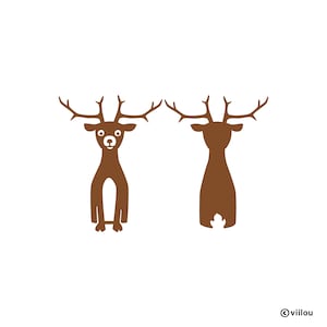 Può includere: Una silhouette marrone di un cervo con le corna rivolte a sinistra e a destra. Il cervo a sinistra ha occhi bianchi e un naso. Il cervo a destra non ha tratti del viso.