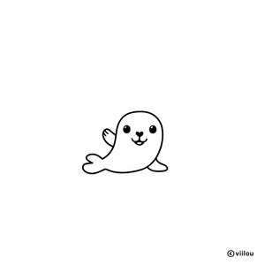 Può includere: Illustrazione minimalista in bianco e nero di una foca dei cartoni animati. La foca è bianca con occhi neri, un piccolo naso nero e una bocca sorridente. Sta salutando con una pinna. L'immagine è su sfondo bianco.