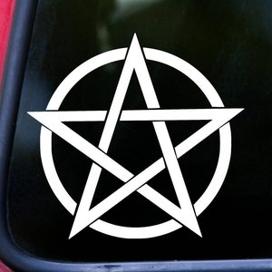 May include: White pentagram with a circle around it. The pentagram is a five-pointed star with the points facing outward. The circle is solid white.