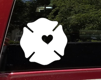 Firefighter Cross Heart Vinyl Decal Sticker - Maltese Badge Fireman Wife