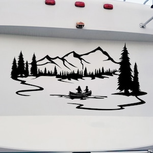 Lake Mountain Canoe Scene Vinyl Decal V2 | Large Camper Graphics for RV, Trailer, or Van | Scenic Nature Design