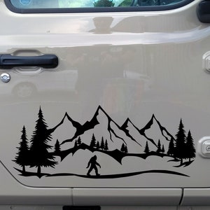 Bigfoot Mountain Forest Scene Vinyl Decal V11 - Sasquatch PNW Camping Hiking - Die Cut Sticker