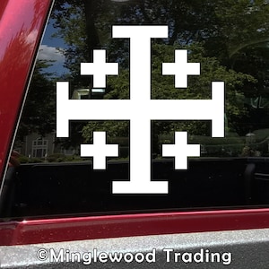 May include: White vinyl decal of a Jerusalem Cross. The cross is made up of four smaller crosses surrounding a larger central cross.