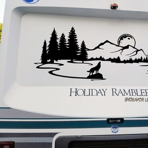 Wolf, Mountain & Moon Decal V2 | Forest RV Camper Graphic Travel Trailer | Premium Weather-Resistant Vinyl Sticker For Truck, Large Vehicle