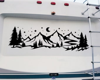 Moon and Stars Mountain Scene Vinyl Decal V3 - Camping RV Travel Trailer - Die Cut Sticker
