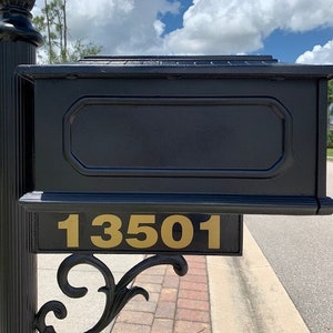set of two 2.5&quot;h x 12&quot;w HOA Mailbox Numbers in Gold - Vinyl Decals - Arial Helvetica BT - Die Cut Stickers
