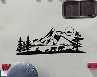 Bear Family Mountain Moon Scene Vinyl Decal V3 - RV Camper Travel Trailer Graphics - Die Cut Sticker