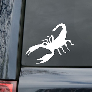 May include: White vinyl decal of a scorpion silhouette on a dark blue car window.