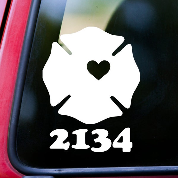 Firefighter Cross with Personalized Text Vinyl Sticker - Maltese Badge Heart Fireman Wife Vinyl Decal Sticker