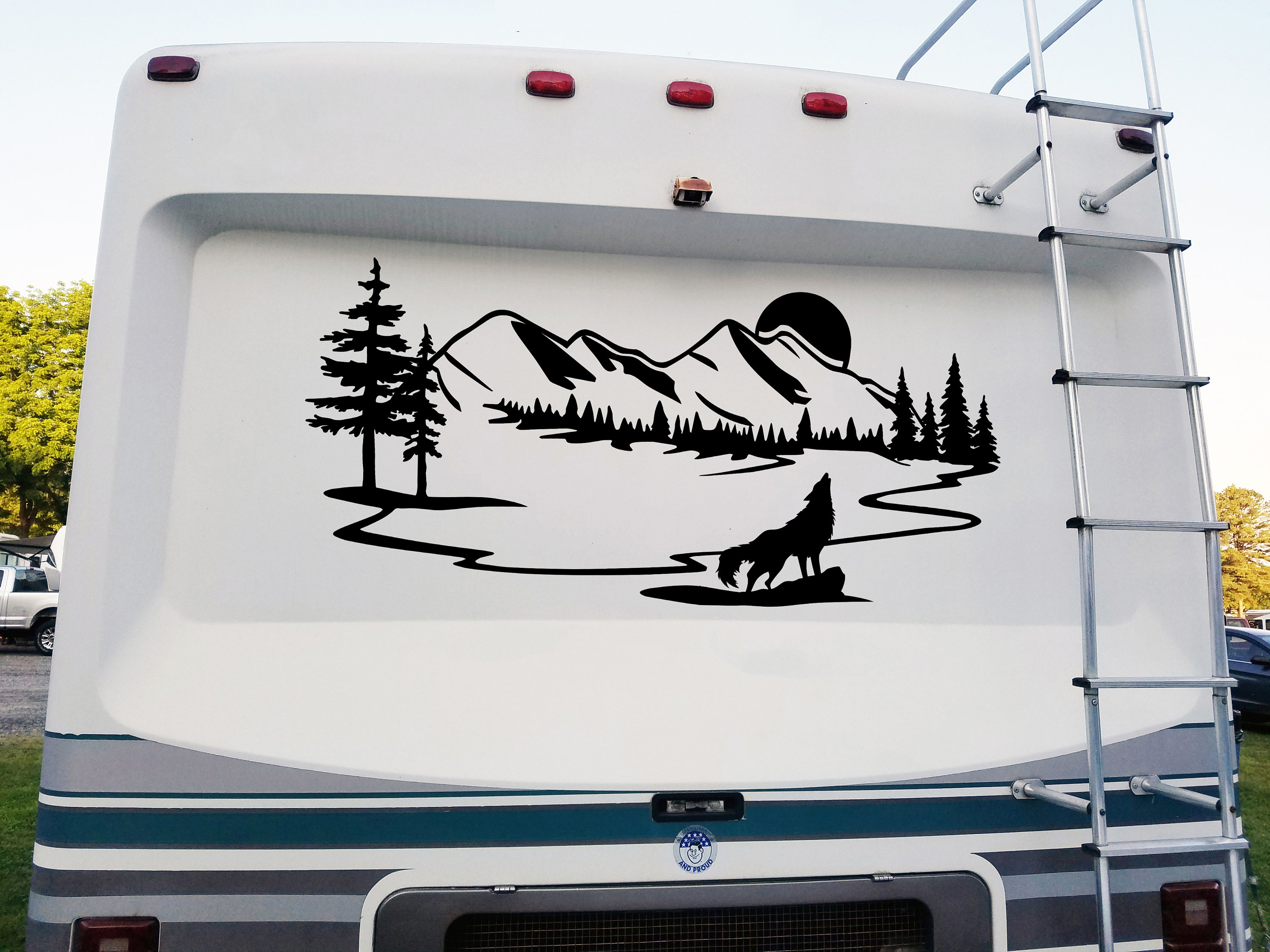 Howling Wolf Moon Scene Vinyl Decal V5 - Mountain Forest RV Graphics ...