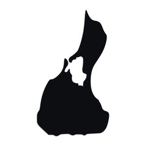 May include: A black silhouette of a landmass with a distinctive shape, featuring a large, curved section and a smaller, irregular area within. The design is set against a clean white background, creating a high-contrast visual.