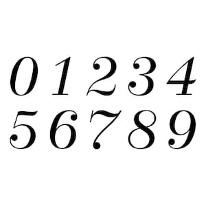May include: A set of black numerical digits from zero to nine arranged in two rows. The numbers are presented in a classic serif typeface with elegant curves and varying line thickness, displayed clearly against a plain white background.