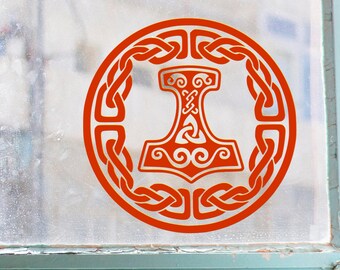 Norse Thors Hammer Mjolnir Viking Knotwork Black Distressed Sticker for Sale b