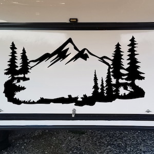 Mountain Forest Scene Vinyl Decal V10 - RV Camper Graphics - Die Cut Sticker