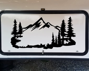 Mountain Forest Scene Vinyl Decal V10 - RV Camper Graphics - Die Cut Sticker
