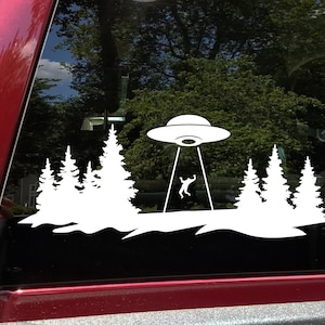 UFO Forest Tree Line Scene Vinyl Decal V1 - RV Graphics Alien Abduction - Die Cut Sticker