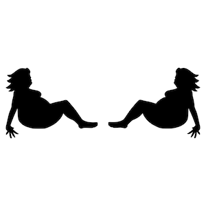 May include: Silhouette of two pregnant women sitting facing each other, with their legs extended in opposite directions.