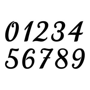 May include: A set of black numerical digits from zero to nine arranged in two rows. The numbers are presented in a bold, italicized serif typeface with elegant curves and consistent stroke thickness, isolated against a plain white background.