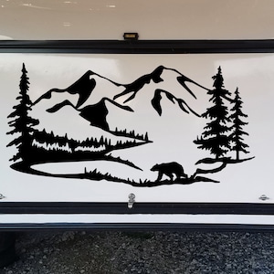 Bear Mountain Trees Scene Vinyl Decal V3 - Camper RV Graphics - Die Cut Sticker