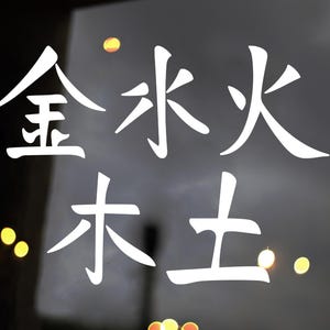 May include: White Japanese characters on a dark background. The characters are arranged vertically and horizontally, with a few yellow orbs in the background. The characters appear to be a form of calligraphy.