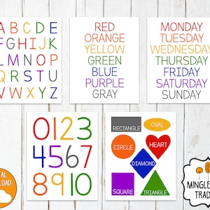Alphabet Zahlen Farben Formen Tage Kunstdrucke, Sofort Download, Kinderzimmer Kunstdruck, Spielzimmer Dekor, Kinderzimmer Wand Kunst, PDF