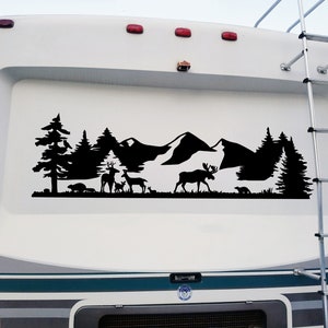 Woodland Creatures in Forest Vinyl Decal - RV Graphics Scene Camping Mountains - Die Cut Sticker