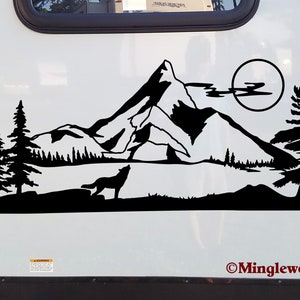 Wolf Mountain Moon Vinyl Sticker - RV Camper Graphics Scenery - Die Cut Decal