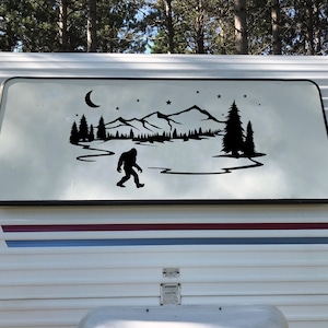 Bigfoot Moon Trees Scene Vinyl Decal V4 - Sasquatch PNW Camper RV Travel Trailer Graphics - Die Cut Sticker