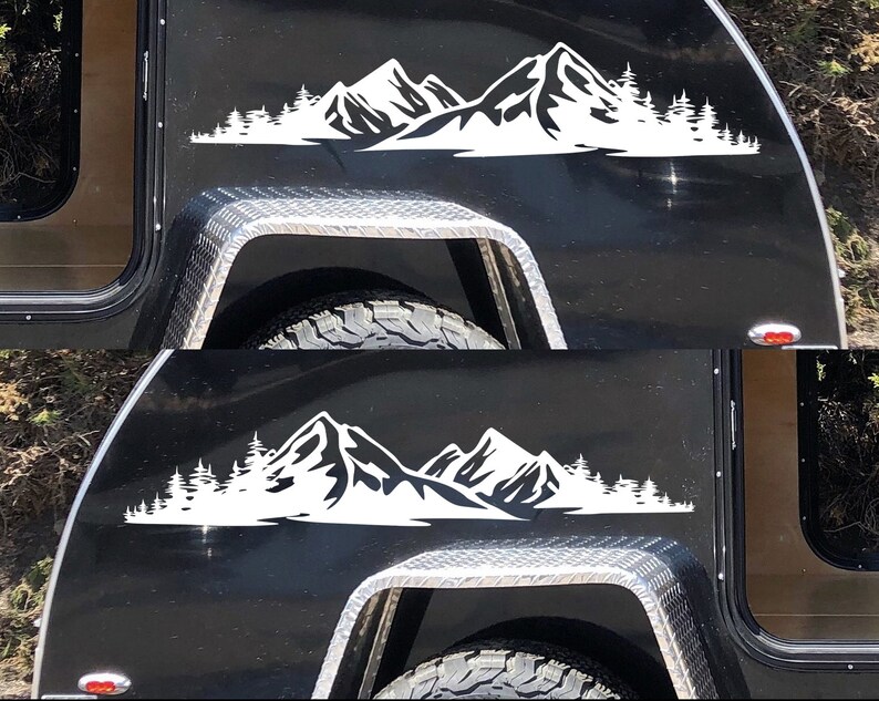 Mirrored Mountain Vinyl Decal Pair Truck Camper RV Forest Adventure ...