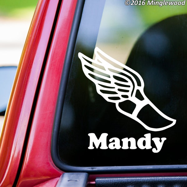 Winged Foot with Personalized Name Vinyl Decal Sticker - Track Shoes Running