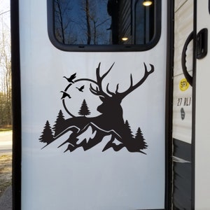 Deer Mountain Bird Scene Custom Vinyl Sticker V4 | Camper Trailer Decals | Die Cut Stickers