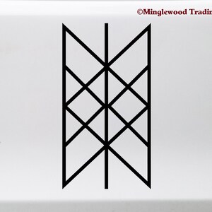 May include: Black and white geometric symbol with a vertical line in the center. The symbol is made up of a series of intersecting lines that form a grid pattern.
