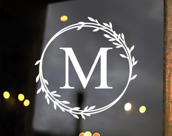 Monogram Letter in Wreath Vinyl Decal V6 | Initial Family Name | Die Cut Sticker