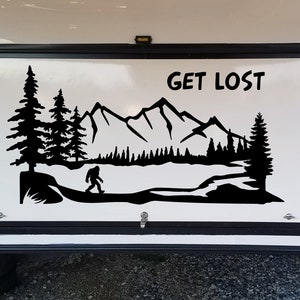 Get Lost Bigfoot Mountain Scene Vinyl Decal - Camper Sasquatch RV Graphics Trees - Die Cut Sticker