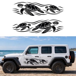 May include: A black vinyl decal set featuring two sea turtles swimming through stylized waves. The design includes one large and one small turtle in each of the two horizontal arrangements, shown applied to the side of a white SUV vehicle.