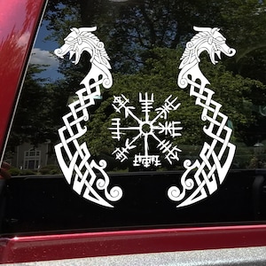 Viking Dragons with Viking Compass Vinyl Decal V1 - Fafnir Vegvisir Norse Mythology - Die Cut Sticker