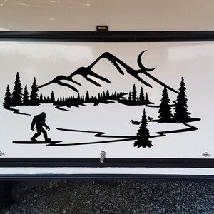 Bigfoot Mountain Lake Scene Vinyl Decal V1 - Sasquatch Moon Ducks RV Graphics - Die Cut Sticker