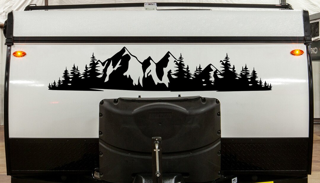 Mountains And Forest Vinyl Decal V5 - Die Cut Sticker For Car, RV, Laptop - Waterproof, Removable, Made In USA