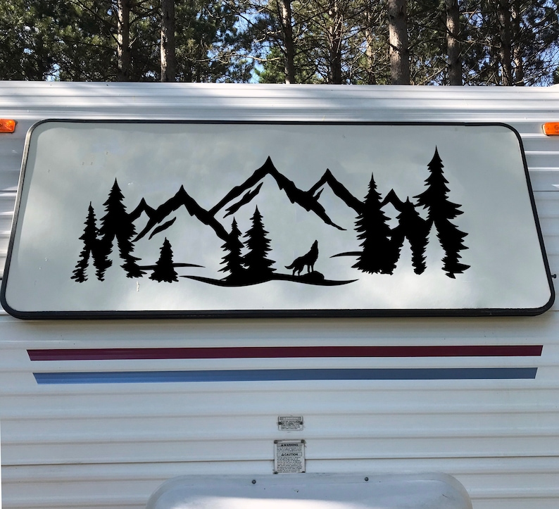 Wolf Mountain Forest Scene - Camper RV Graphics Travel Trailer - Die ...
