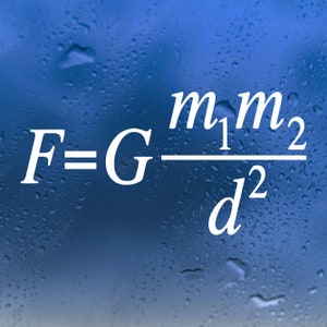 May include: A white formula for gravitational force, F=G(m1m2/d²), is displayed against a blue background with water droplets. The equation is centered, with the letters and numbers in a clean, sans-serif font.