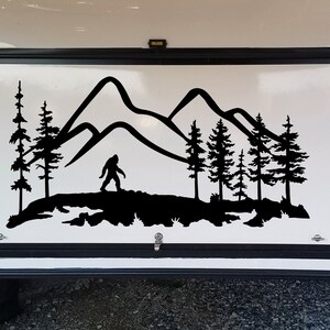 Bigfoot Sasquatch Mountain Trees Scene Vinyl Decal V4 - Camper RV Travel Trailer Graphics 4x4 - Die Cut Sticker