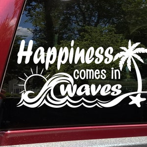 Happiness Comes in Waves Vinyl Decal - Sun Beach Palm Tree RV - Die Cut Decal