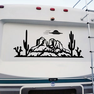 Desert UFO Cactus Mountain Scene V5 Vinyl Decal - Area 51 Flying Saucer Alien RV Camper Graphics - Die Cut Sticker