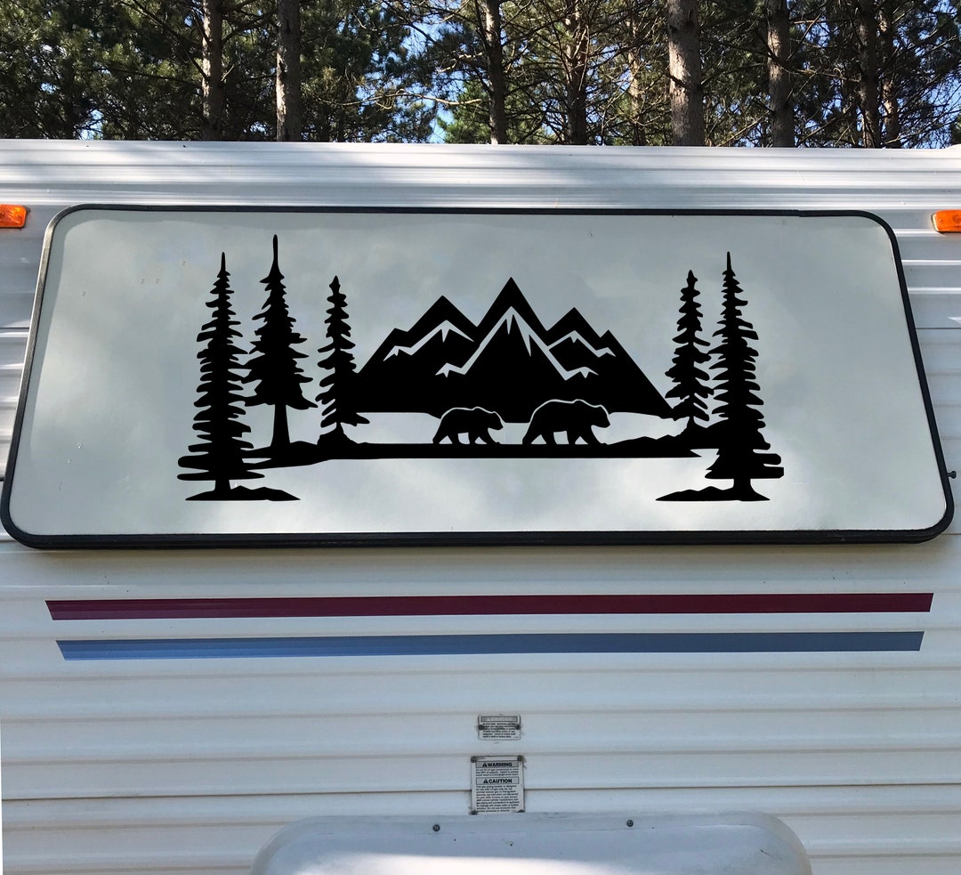 Mountains Bears Forest Scene Vinyl Decal V2 - Camper RV Travel Trailer ...