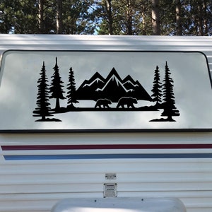 Mountains Bears Forest Scene Vinyl Decal V2 - Camper RV Travel Trailer Graphics 4x4 - Die Cut Sticker