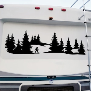 Bigfoot Mountain Forest Scene Vinyl Decal V12 - Sasquatch PNW RV Graphics - Die Cut Sticker