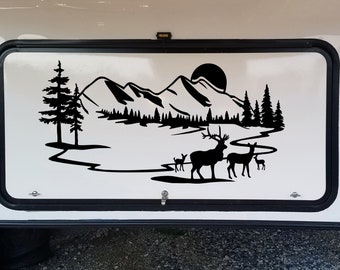 Deer Family Mountain Scene Vinyl Decal - Camper Graphics RV Moon - Die Cut Sticker