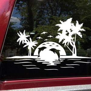 Beach Dolphins Palm Trees Scene Vinyl Decal - Ocean Camper RV Travel Trailer Graphics - Die Cut Sticker