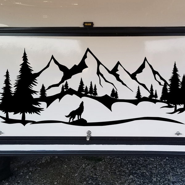 Wolf Mountains Forest Scene Vinyl Decal V7 - Wolfpack Howling RV Travel Trailer Graphics - Die Cut Sticker