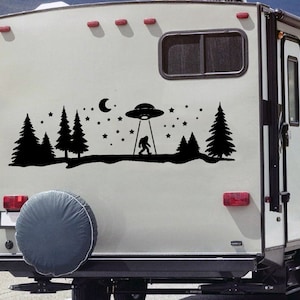 Bigfoot UFO Moon Stars Vinyl Decal - Sasquatch Camping RV Travel Trailer Scene - Die Cut Sticker